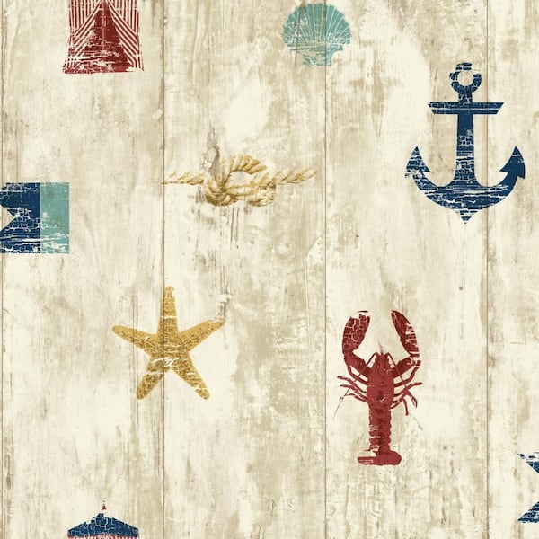 York Wallcoverings Nautical Living WeatheRed Seashore Beige, cream, Red, navy Blue, aqua, Gold Paper Strippable Roll (Covers 56 sq. ft.)