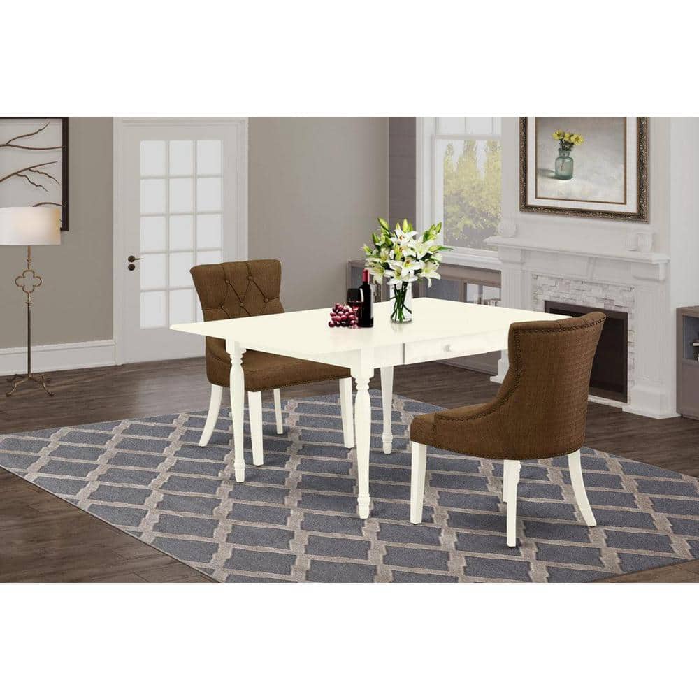 3-Piece Linen White Finish Solid Wood Top with Dropleaf Dining Table Set