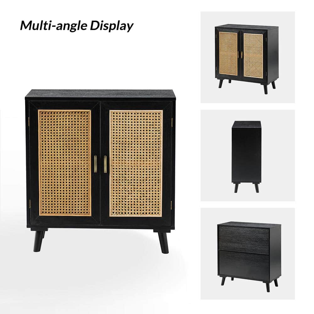 Black Medium Wood Accent Cabinet with Rattan Doors