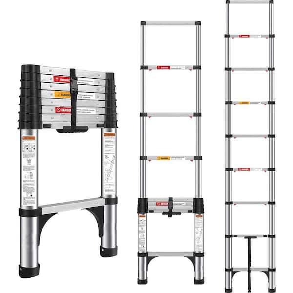 KIWDZFU 8.5 FT Stainless Steel Telescoping Ladder with One-Button Retraction, 375 LBS Capacity