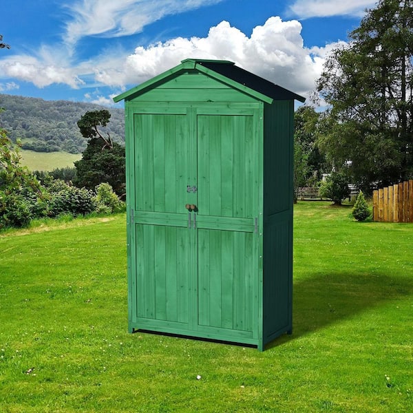 35.7 in. W x 18.1 in. D x 66.1 in. H Green Wood Outdoor Storage Cabinet with 4-Tier Shelves and Tilted Asphalt Roofs