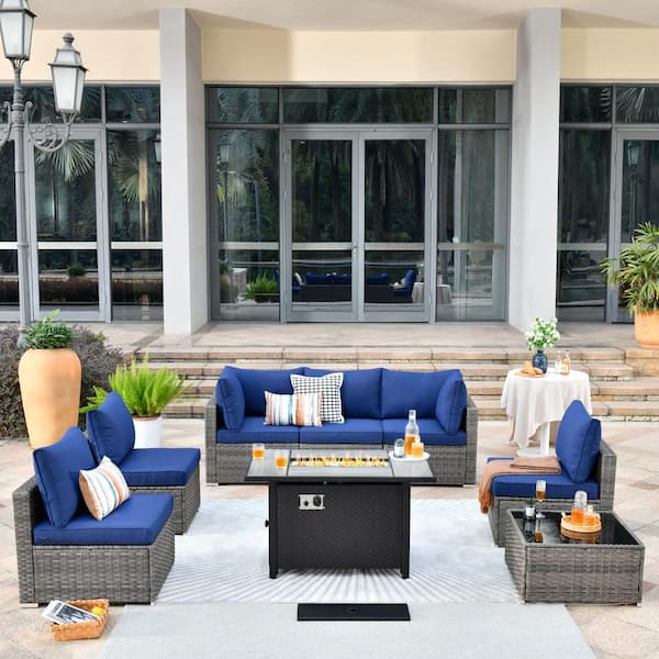 Sanibel Gray 8-Piece Wicker Patio Conversation Sofa Sectional Set with a Metal Fire Pit and Navy Blue Cushions