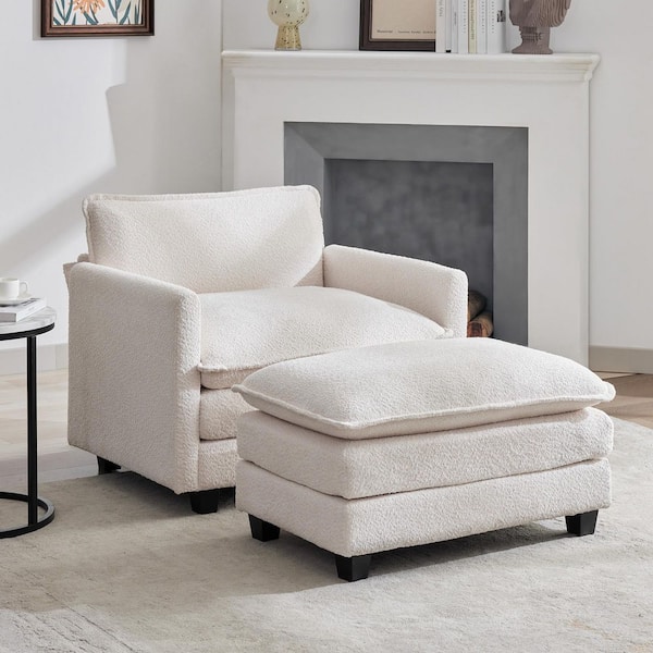 JEAREY 41.34 in. Beige Circle Velvet Upholstered Accent Armchair with Large Seat and Ottoman for Bedroom Living Room