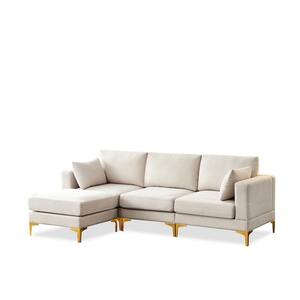 93 in Wide Square Arm Polyester Modern L-Shaped Sofa Seat in Beige with Ottoman and 2-Pillows