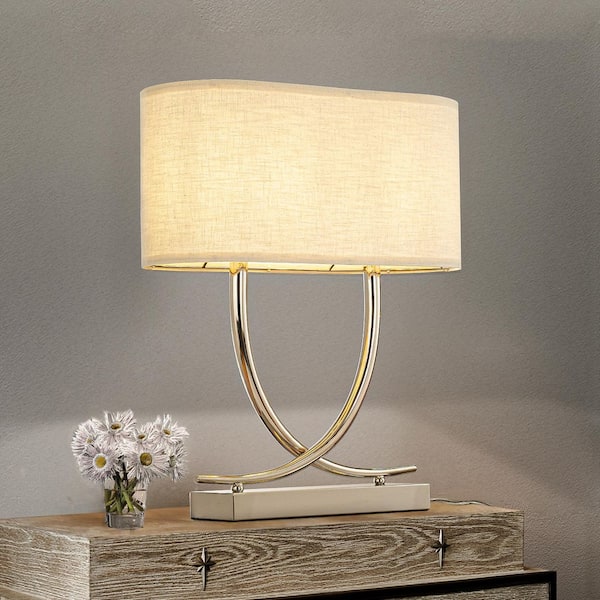 ALOA DECOR 24 in. 2-Light Modern Polished Nickel Geometric Table Lamp with Stainless Steel Base and Oval Ivory Fabric Shade