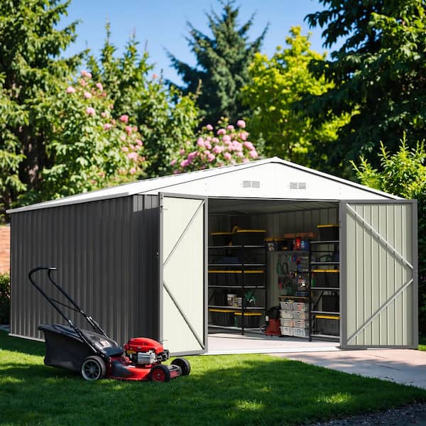 10 ft. W x 14 ft. D Outdoor Storage Metal Shed with Double Hinged Large Door in Grey(140 sq. ft. )