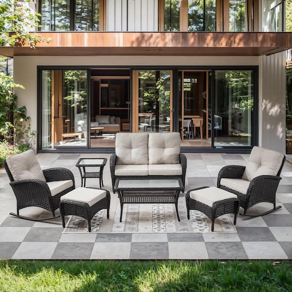 Black 7-Piece Wicker Patio Conversation Set with Rocking Chairs, Outdoor Glider Seating Set with Beige Cushions