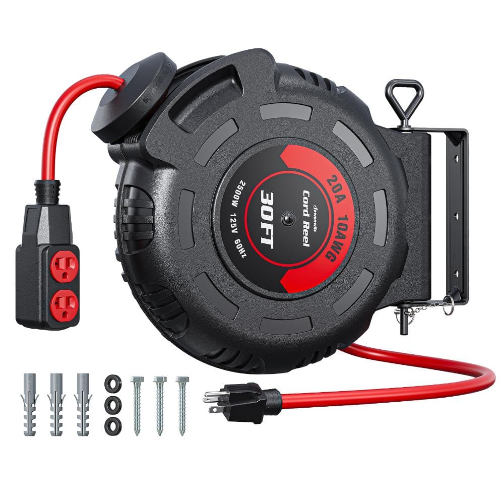 30 ft. 10 Gauge 20A SJTW Retractable Extension Cord Reel, 2 NEMA 5-20P Outlets, Wall Ceiling Mount, Black Red price history on PriceWatchPro