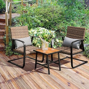 3-Piece Wicker Patio Conversation Set Outdoor Bistro Set C-Spring Chair Padded Seat and Back Pillow