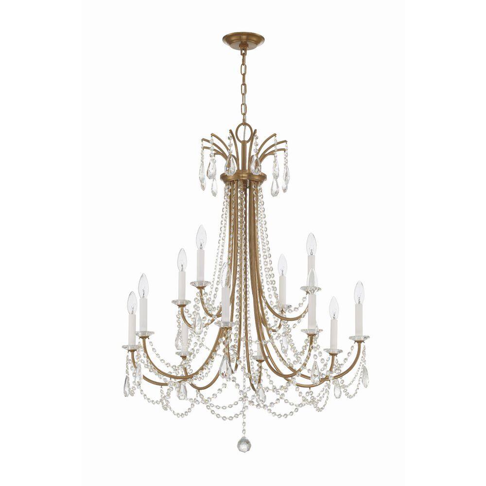 Aged Brass 12-Light Chandelier with Hand Cut Crystal