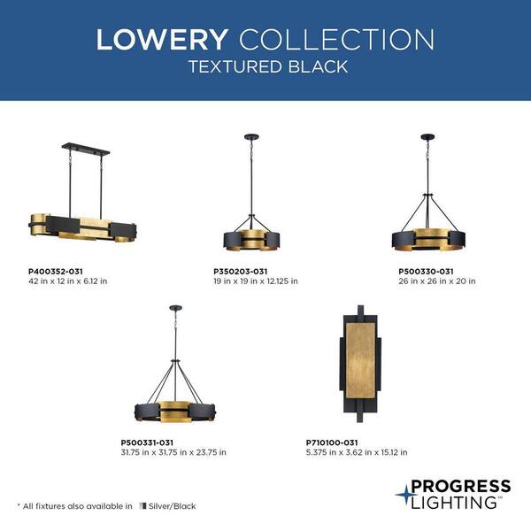 Progress Lighting Lowery Collection 4-Light Textured Black Industrial Luxe Linear Chandelier with Distressed Gold Leaf Accent