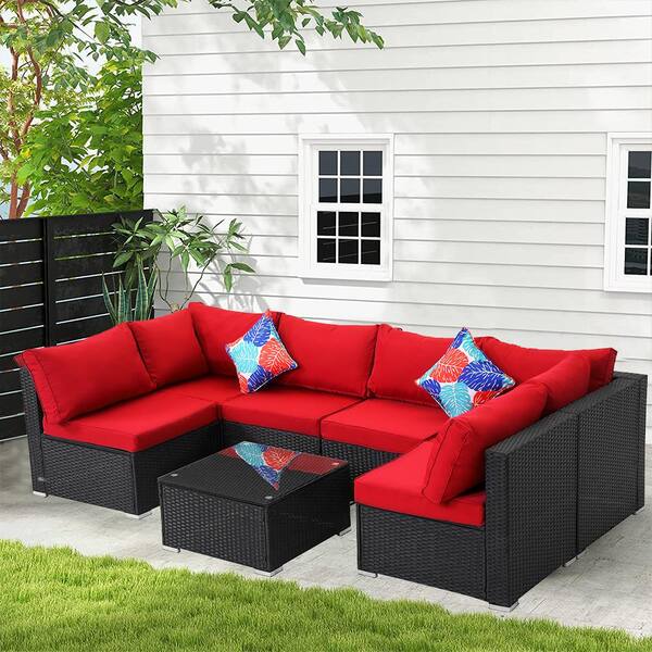 Black sofa with red cushions best sale