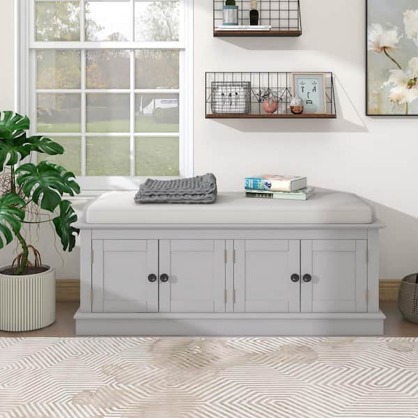 17.4 in. H x 42.7 in. W Gray Solid Wood Shoe Storage Bench with 4-Doors, Adjustable Shelves and Removable Cushion