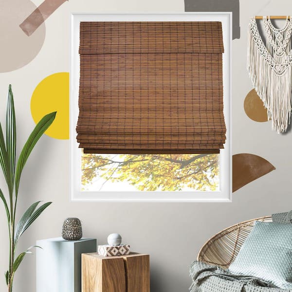 23 in. W x 64 in. L Natural Woven Cordless Light Filtering Bamboo Roman Shades for Window, Cider