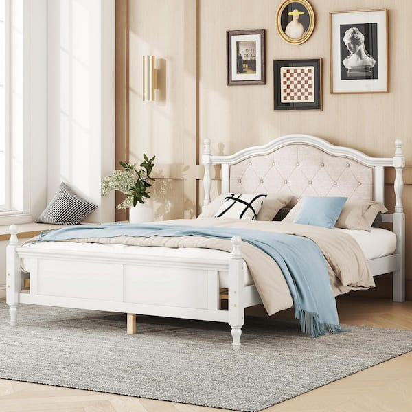 anpport White Wood Frame Queen Platform Bed with Upholstered Headboard and Panel Footboard