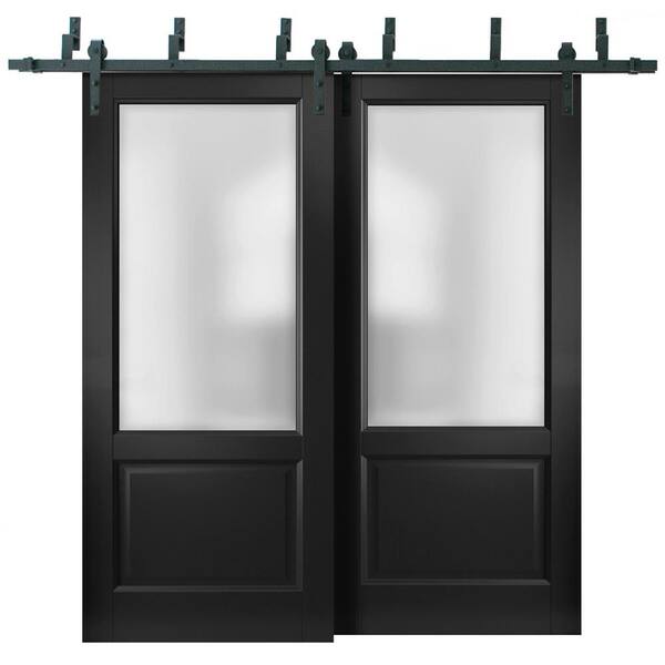Sartodoors 64 in. x 96 in. 2 Panel Frosted Glass White Solid Wood Sliding Barn Door with Hardware Kit