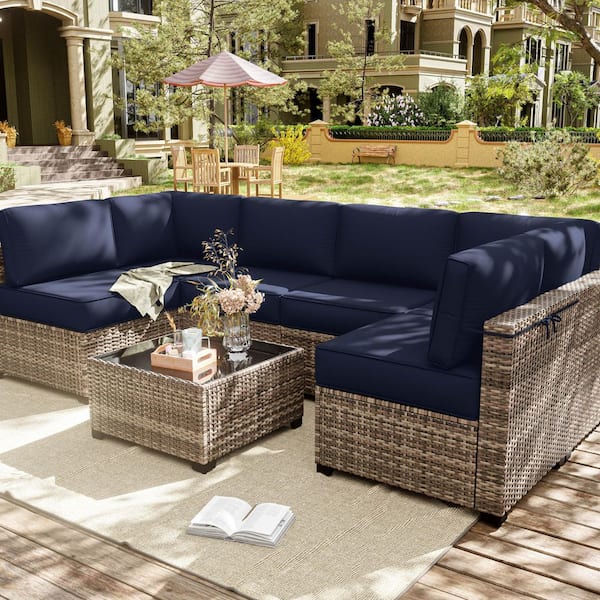 14-Piece Outdoor Cushion Cover Set (Slipcovers Only), Waterproof Zippered Covers for Patio Sectional Furniture Navy Blue