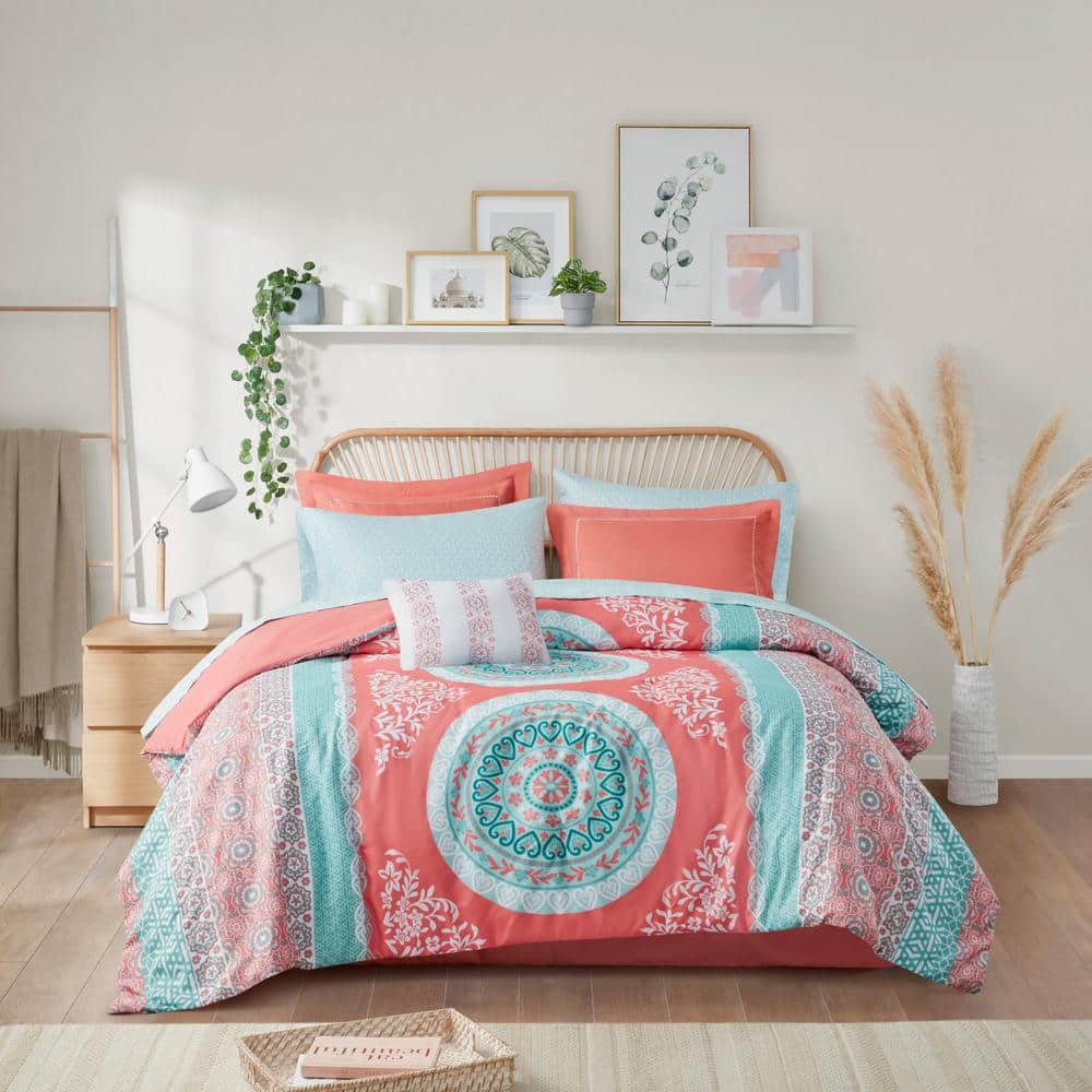 Coral and Aqua Bohemian Queen Microfiber Bed in a Bag Set