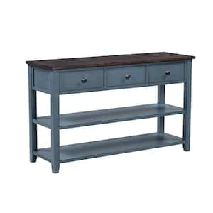 Retro 50 in. Antique Navy/Espresso Rectangle Wood Console Table with Two Open Shelves and Legs for Living Room