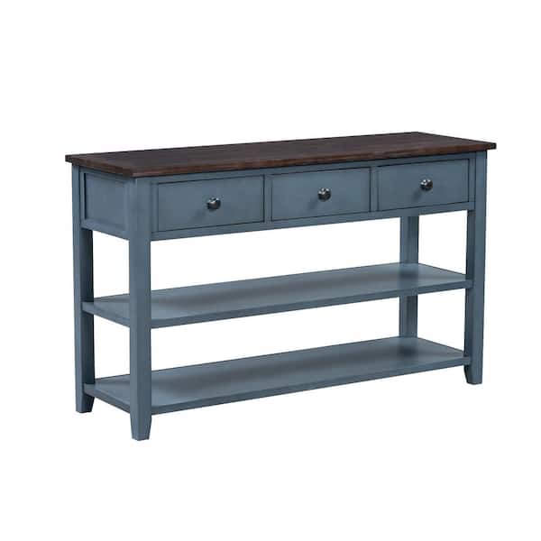 Polibi Retro 50 in. Antique Navy/Espresso Rectangle Wood Console Table with Two Open Shelves and Legs for Living Room