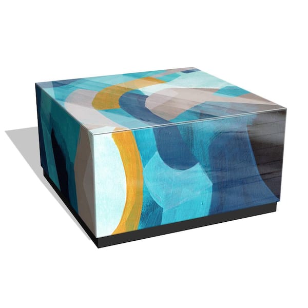 Empire Art Direct "Puzzle Blues I" by June Erica Vess Printed Multi Color Art Glass Rectangle Cocktail Table with Plinth Base,36"x18''