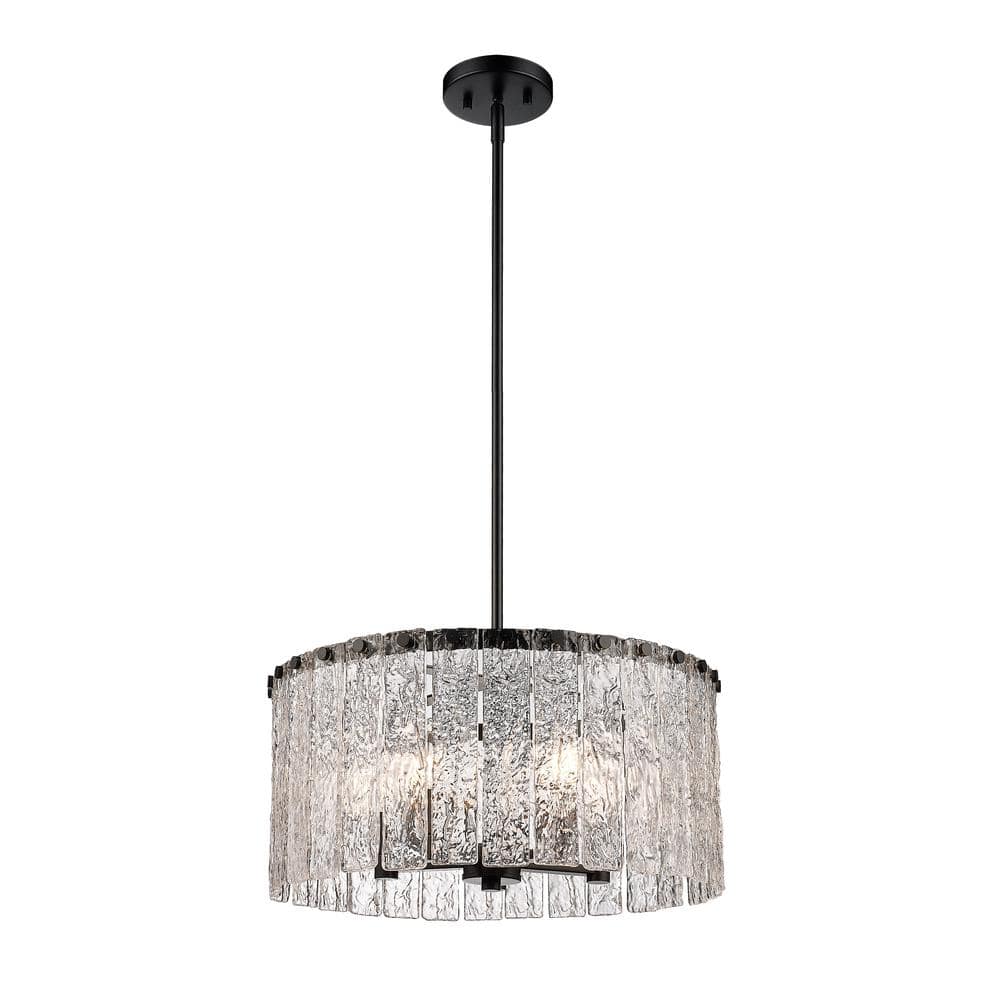 Matte Black Steel and Glass Drum Pendant Light