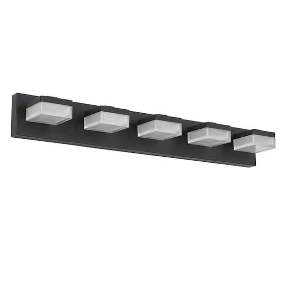 31 in. 5 Light Modern Black Vanity Light Fixture Bathroom Over Mirror Wall Lights with Iron Acrylic Minimalist Design
