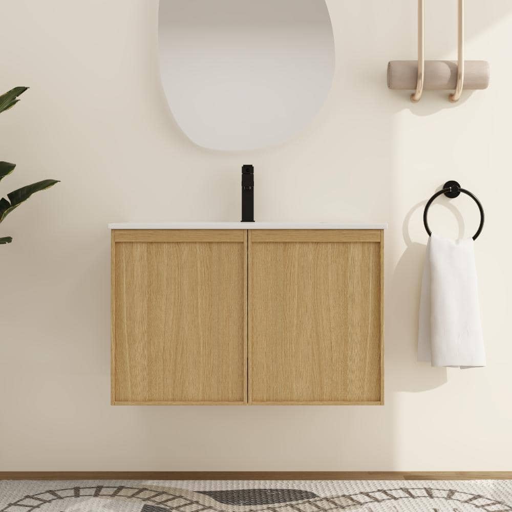 30 in. W x 18.31 in. D x 19.69 in. H Wall Mounted Bath Vanity in Light Oak with White Ceramic Vanity Top price history on PriceWatchPro