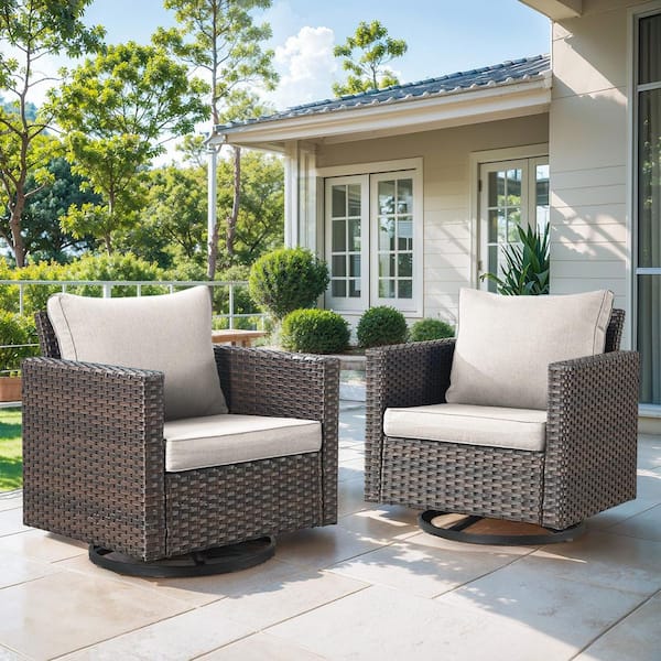 Bellefurn UvaNest 2-Piece Brown Wicker Outdoor Swivel Glider Rocking Chair with Beige Cushion and Deep Seating Set