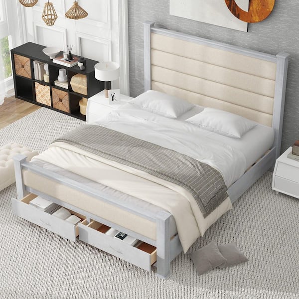 Antique White Wood Frame Queen Size Platform Bed with Upholstered Headboard,Footboard and 2 Drawers