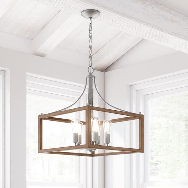 Hampton Bay Boswell Quarter 20 in. 5-Light Silver Coastal Pendant Light with Chestnut Wood Accents for Kitchens and Dining Rooms