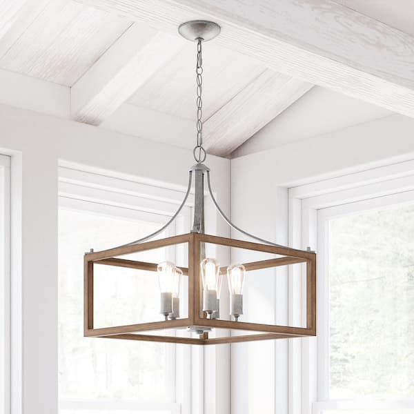 Boswell Quarter 20 in. 5-Light Silver Coastal Pendant Light with Chestnut Wood Accents for Kitchens and Dining Rooms