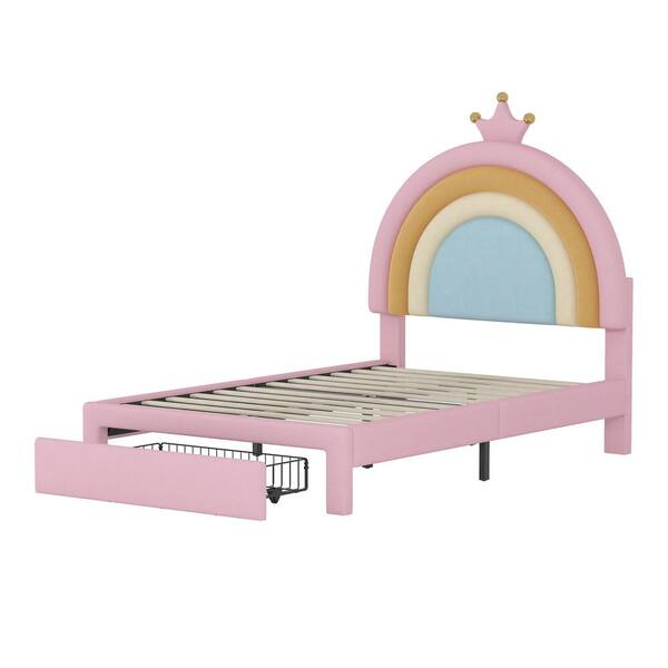 りー ピンクステッチ32 Polibi Pink Wood Frame Twin Size Platform Bed with Storage