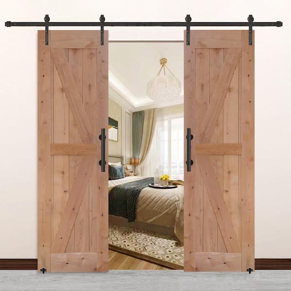 48 in. x 84 in. Assembled Bi-Parting Rustic Unfinished Hardwood Interior Sliding Barn Door Slab with Hardware Kit