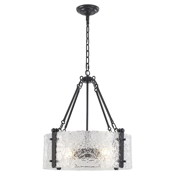 19.69 in. 4-Light Matte Black Drum Chandelier with Glass Shade and No Bulbs Included For Dinning Room Foyer
