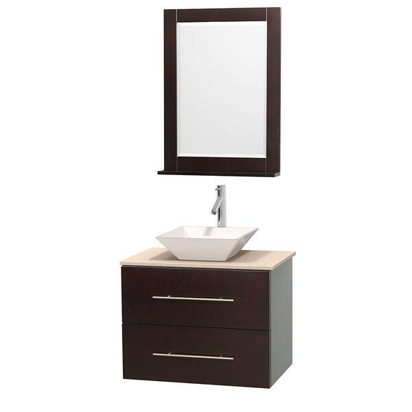 Wyndham Collection Centra 30 in. Vanity in Espresso with Marble Vanity Top in Ivory, Porcelain Sink and 24 in. Mirror