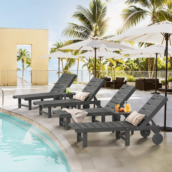LUE BONA Heli Recycled Dark Gray Patio Lounge Chair Plastic Stackable Outdoor Chaise Lounge Chair With Table Set of 6