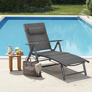 Reclining Metal Outdoor Chaise Lounge Padded Aluminum Folding Adjust Chair with Pillow Gray