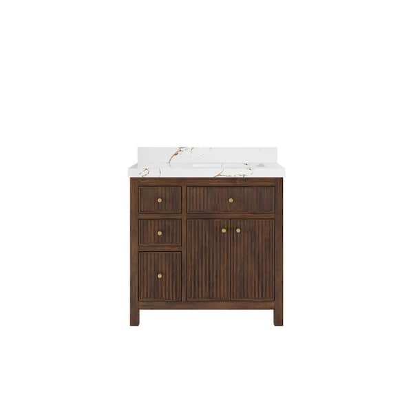 Willow Collections Sonoma Teak 36 in. Right Offset Sink Freestanding Dark Walnut Bath Vanity with Viola Brown Quartz Top Unassembled
