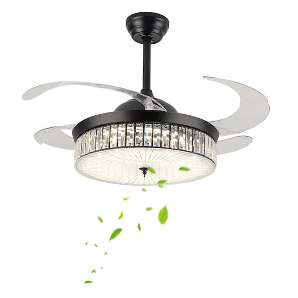 OUKANING 42 in. Integrated LED Black Indoor Crystal Decor Retractable Blades Ceiling Fan with Remote Control