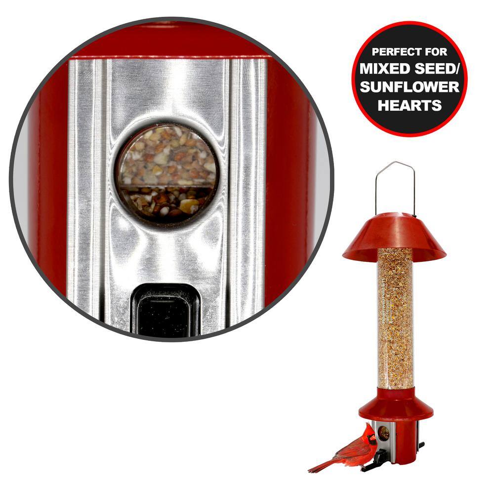 Red Metal and Plastic Squirrel Resistant Hanging Tube Bird Feeder