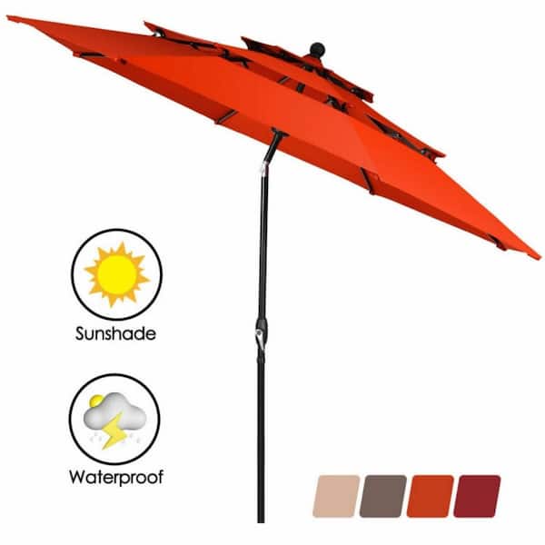 10 ft. 3-Tier Aluminum Market Outdoor Patio Umbrella Sunshade Shelter with Double Vented in Orange