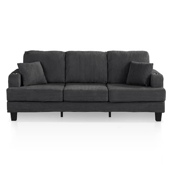 Kasin 84.3 in. Track Arm Chenille Rectangle Small Space Sofa With USB Ports And Cup Holders in Dark Gray