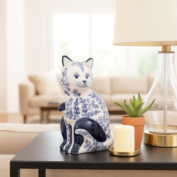 Blue 5 in. x 8 in. Stoneware Novelty Sitting Chinoiserie Cat Figurine