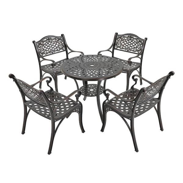 Bronze Frame 5-Piece Cast Aluminum Round Table with Umbrella Hole Bar Height Outdoor Dining Set