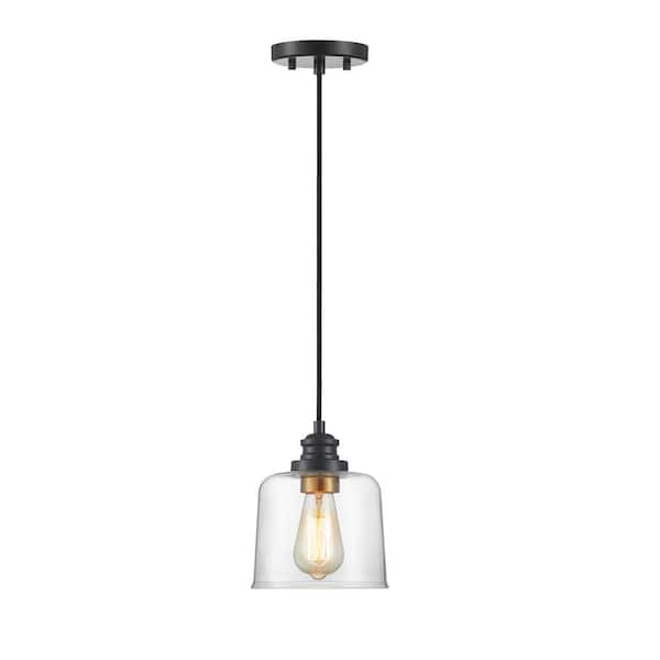 7 in. 1-Light Standard Bronze Mini Pendant Light with Drum Glass Shade