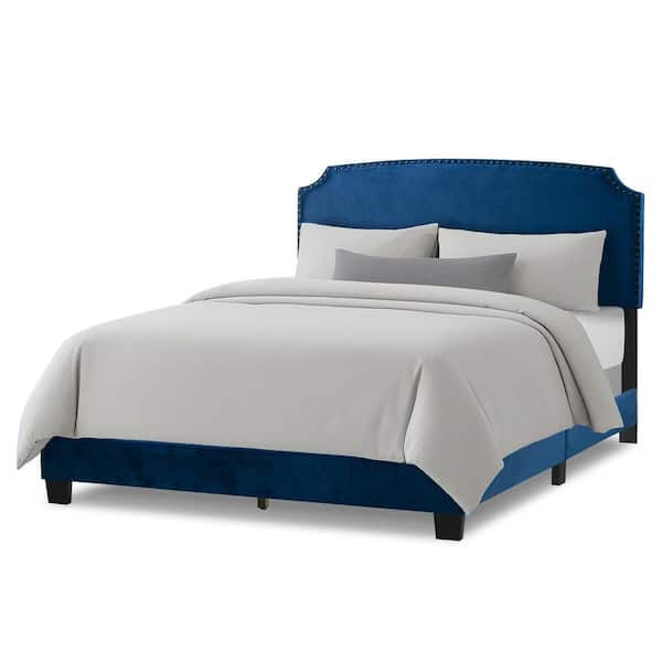 Arezo Navy Blue Velvet Queen Bed with Black Nail Head Trim