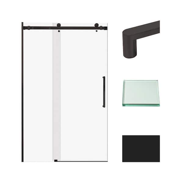 Transolid Miles 47 in. W x 76 in. H Sliding Frameless Barn Shower Door with Fixed Panel in Matte Black with Clear Glass