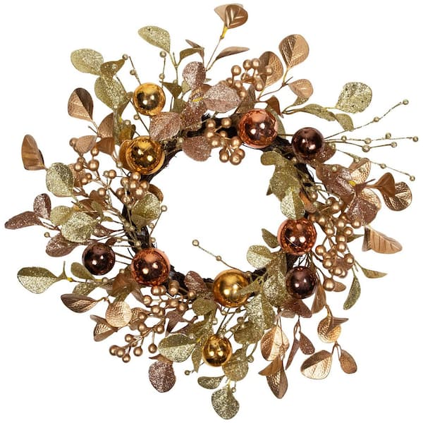 24 in. Unlit Copper Glitter Leaf Twig Artificial Christmas Wreath with Ball Ornaments