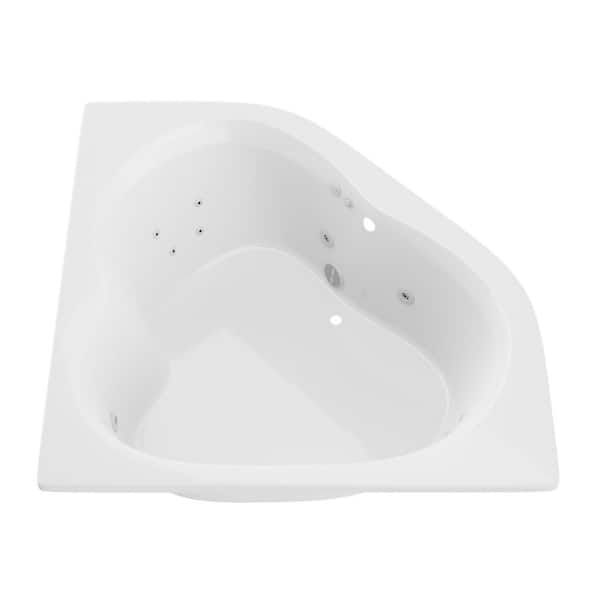 84 in. x 62 in. Corner Whirlpool Bathtub with Center Drain in White with Maintenance Heater, Pump